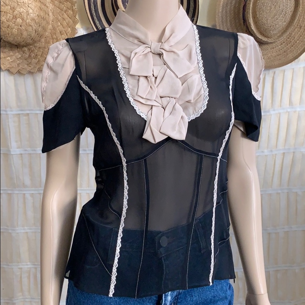 Designer Karen Millen Sheer Silk Bow Blouse